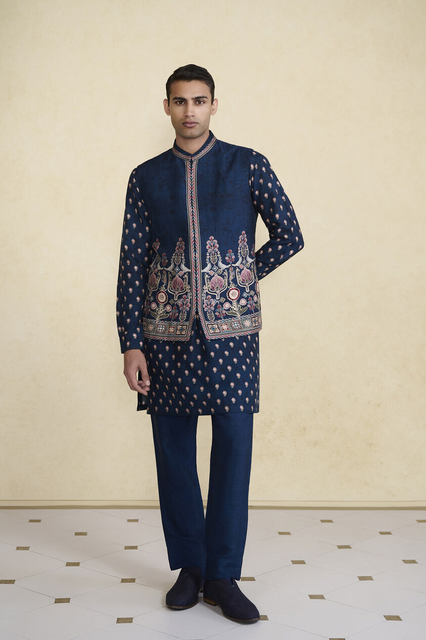 Azraq Printed Silk Nehru Jacket - Indigo, Indigo, image 1